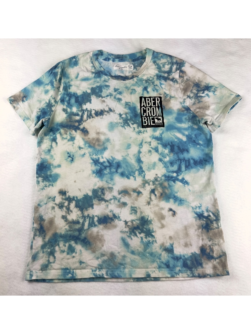 Abercrombie Kids 15/16 Tie Dye Graphic T-Shirt Blue Gray Moose Logo Tee